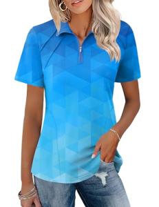 LOMON Womens Golf Tennis Shirts Collared Short Sleeve T Shirt Moisture Wicking Polo Casual Quarter Zip Golf Outfits (Gradient Triangle,Medium)