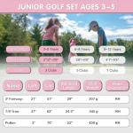 KVV Junior Golf Clubs Set Ages 3-5, Complete Kids Golf Set with Lightweight Stand Bag, Fairway, Iron & Putter Right Handed for Girls & Boys (Pink, Ages3-5)