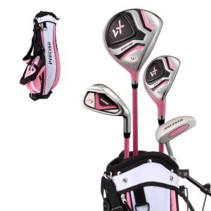 Precise X7 Junior Complete Kids Golf Clubs Set - Boys & Girls Right Handed Kids Golf Set w/ Driver, Hybrid, Irons, Putter, Stand Bag & Headcovers - Youth Golfing Clubs Sets for Ages 3-5 - Pink
