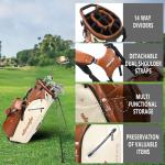WOSOFE PU Golf Bag with 6/14 Way Top Dividers Automatically Adjustable Dual Straps Elegant Design for Men Women Pu Golf Stand Bag with Multiple Pockets