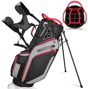 Golf Stand Bag 14 Way Top Dividers Ergonomic with Stand 8 Pockets,Lightweight Golf Bag for Men, Golf Bags with Stand,Dual Strap, Rain Hood (Red)