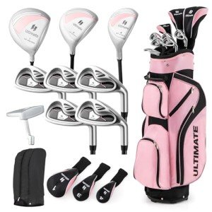 GYMAX Complete Golf Club Set for Women, 14 PCS Right Hand Golf Set with #1 Driver & #3 Fairway & #4 Hybrid & #6/#7/#8/#9/#P Irons, Putter & Head Covers, Ladies Golf Clubs Full Set (Pink)