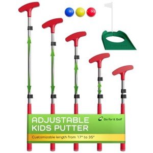 Go for It Golf Kids Putter - Extendable Shaft for Junior Golfers - Adjustable Size for Right and Left Hand - Perfect Training Club for Kids - Includes 3 Balls, Cup with Flag - Red, 17"- 35"