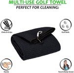 Aebor Golf Towels, Microfiber Waffle Pattern Tri-fold Golf Towel - Brush Tool Kit with Club Groove Cleaner, with Clip Men Women Golf Gifts (Black Towel+Black Brush)