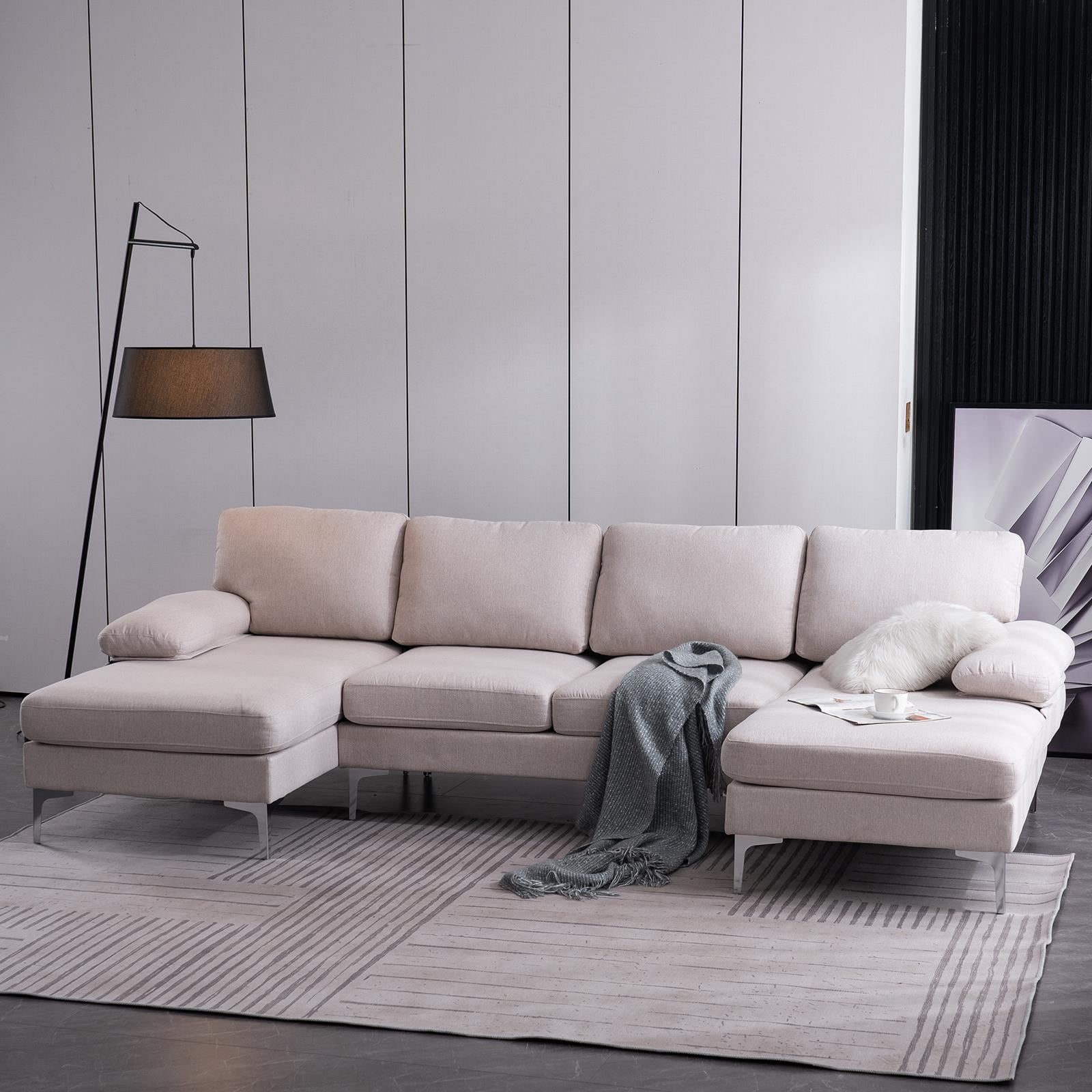 Beige U-Shaped Sectional Sofa with Reversible Chaise