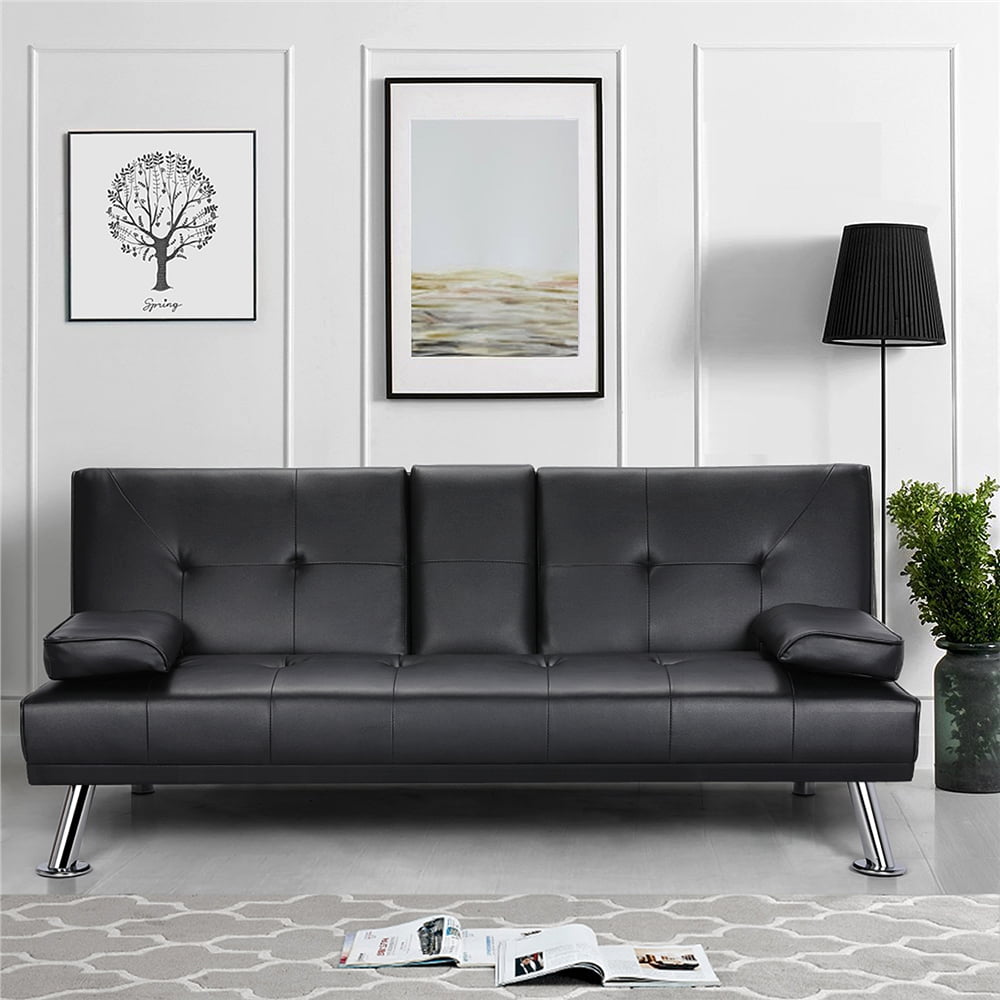Black Faux Leather Futon with Cupholders and Pillows
