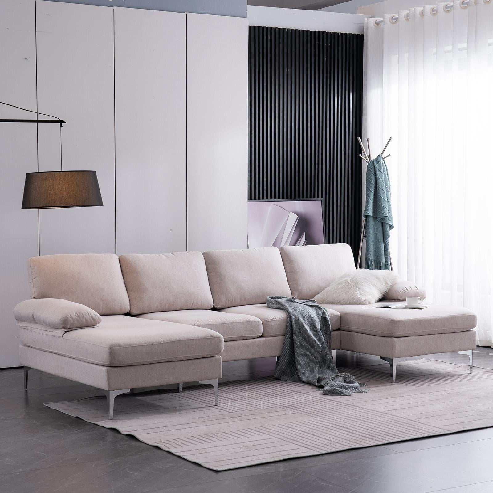 Beige U-Shaped Sectional Sofa with Reversible Chaise