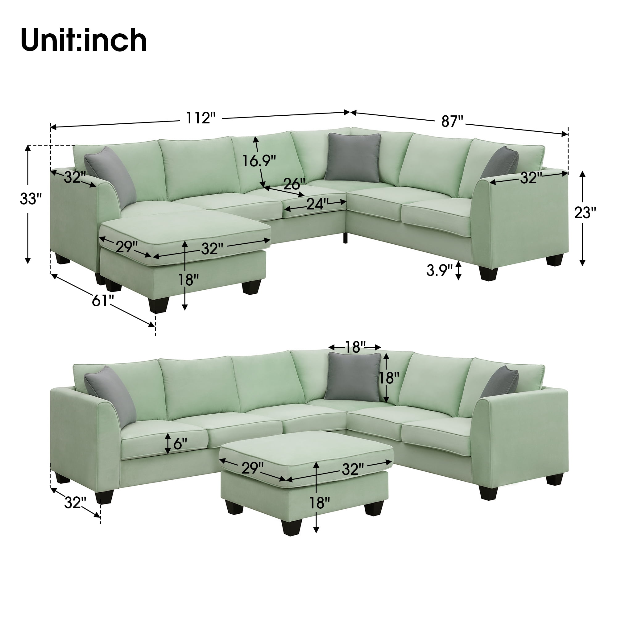 Green Modular Sectional Sofa with Ottoman, 7 Seats