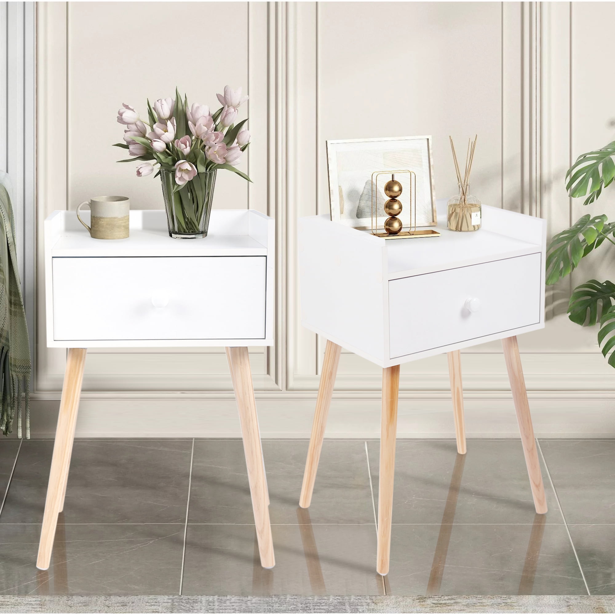 Modern White Bedside Table Set with Drawers