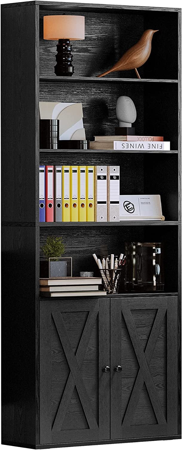 Industrial 6-Shelf Bookcase with Doors