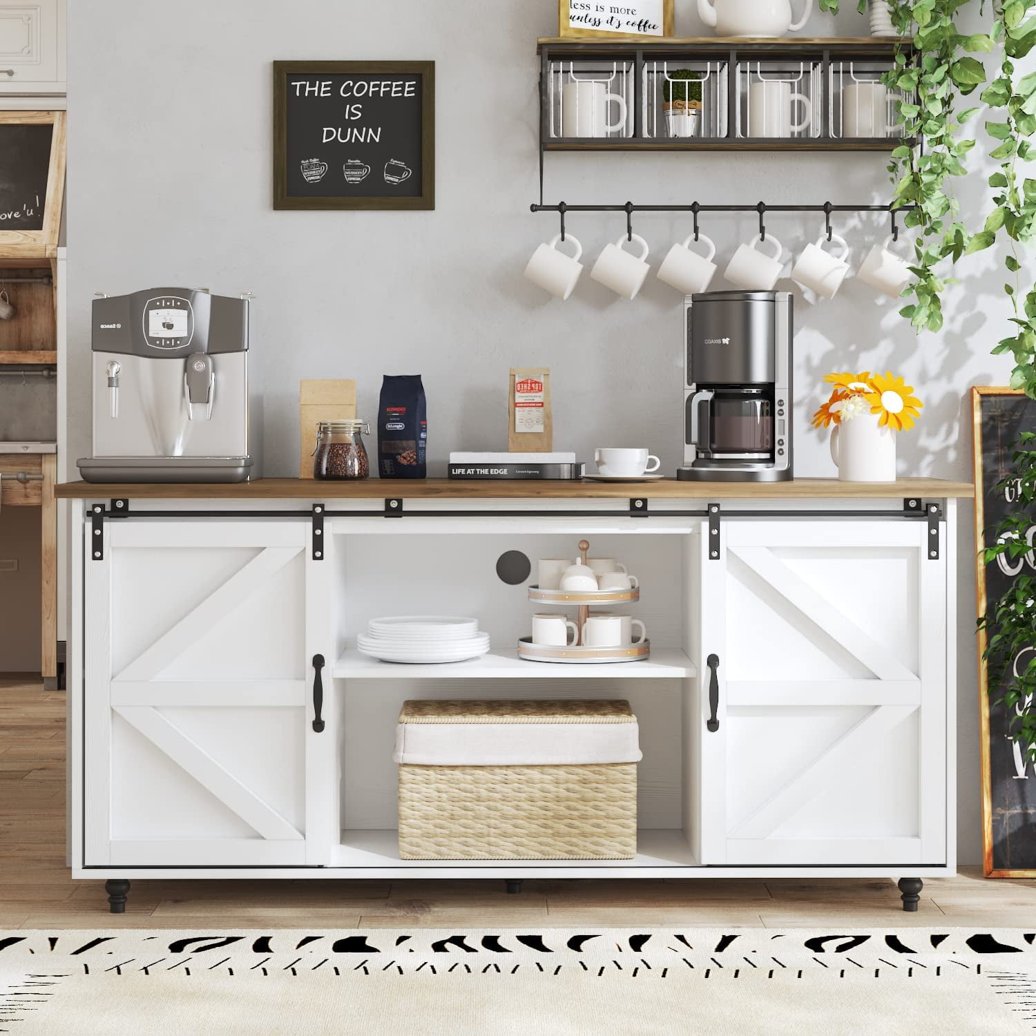 White Farmhouse Coffee Bar with Sliding Barn Door
