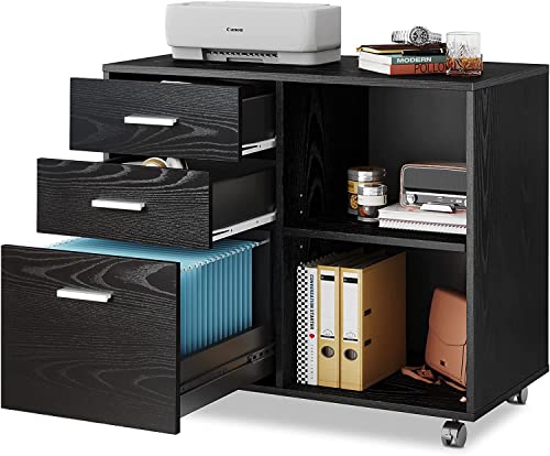 Black 3-drawer mobile file cabinet with shelves