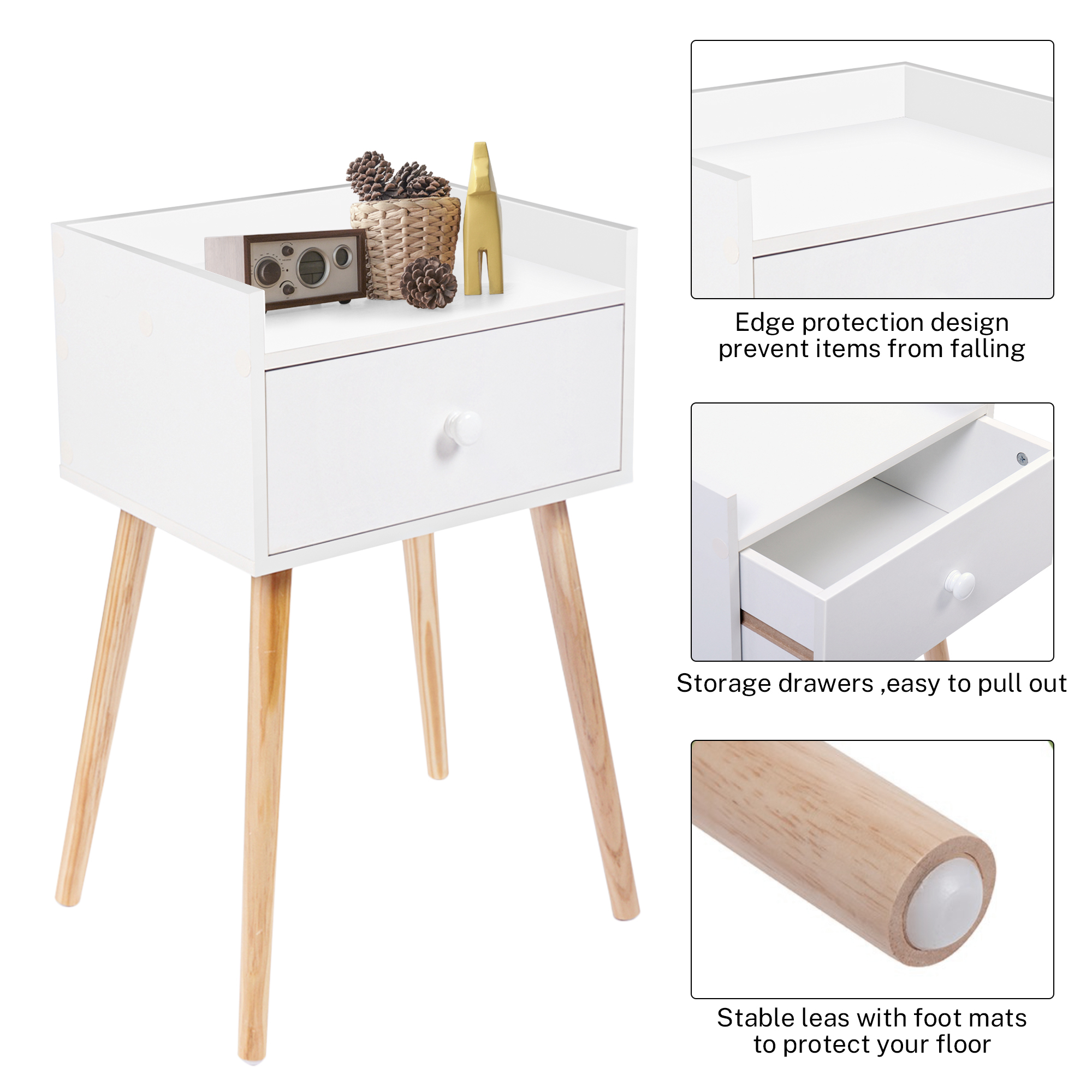 Modern White Bedside Table Set with Drawers