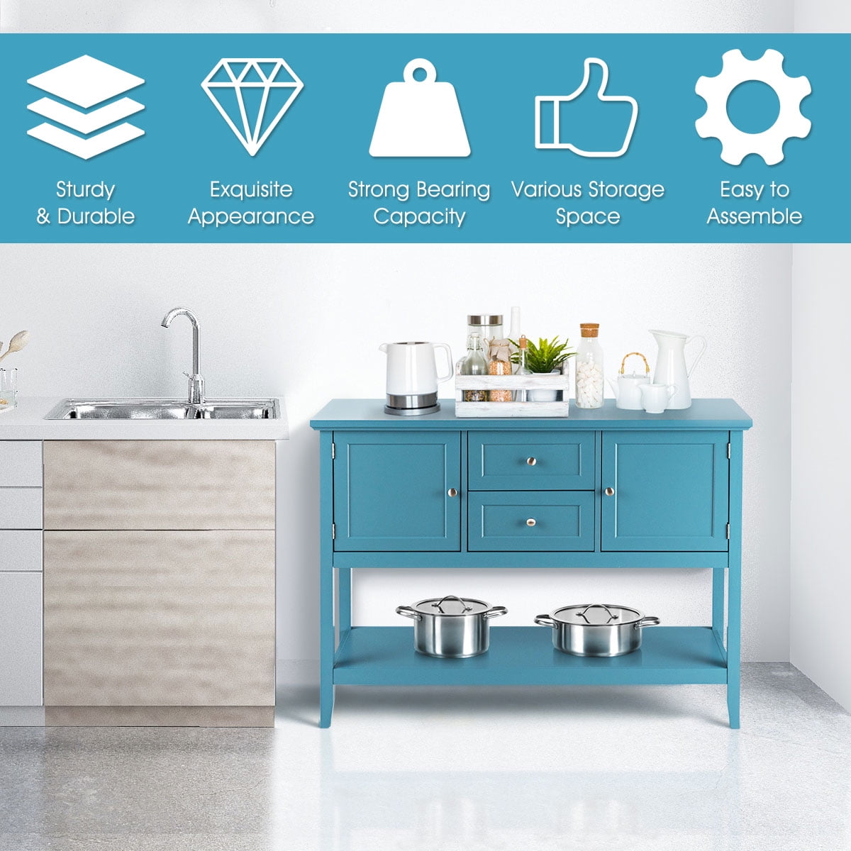 Blue Wooden Sideboard with Drawers & Storage Cabinets