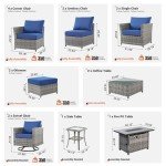 ovios 16 Piece Patio Furniture Set with Fire Pit Table,Outdoor Rattan Wicker Coversation Set with Swivel Rocking Chairs, Sectional Chairs for Outside Porch Balcony Backyard Pool,Blue