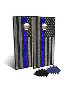 SLICK WOODY's CORNHOLE CO Police Thin Blue Line Cornhole Set with 8 Cornhole Bags, Baltic Birch Plywood Tops for The Smoothest Flattest Playing Surface, Retractable Legs and Back Bounce Brace