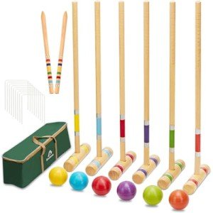 ApudArmis Six Player Croquet Set with Premiun Rubber Wooden Mallets 28In,Colored Ball,Wickets,Stakes - Lawn Backyard Game Set for Adults/Teenagers/Family (Large Carry Bag Including)