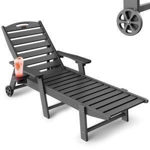 SUUNYN Lounge Chair Outdoor, Chaise Lounge Chair Outdoor, HDPE 6-Position Outdoor Chaise Lounge, Patio Lounge Chair with Wheels & Cup Holder for Pool Poolside Deck Backyard, Grey