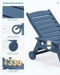 SERWALL Patio Chaise Lounge Chair, 78'' Long HDPE Outdoor Lounge Chair 5 Positions Adjustable Outdoor Lounger, Poly Lounge Chair with Rolling Wheels & Cup Holder for Pool, Navy Blue