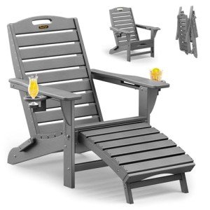 SUUNYN Folding Adirondack Chair with Retractable Ottoman Weather Resistant Fire Pit Chair Patio Chair with 2 Cup Holder Lawn Outdoor Lounge Chairs (Grey)