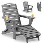 SUUNYN Folding Adirondack Chair with Retractable Ottoman Weather Resistant Fire Pit Chair Patio Chair with 2 Cup Holder Lawn Outdoor Lounge Chairs (Grey)