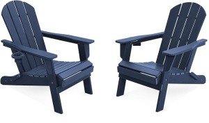 LOUNZY Folding Adirondack Chair Set of 2, HDPE All-Weather Folding Adirondack Chair with Cup Holders, Outdoor Patio Adirondack Chair for Deck Lawn Fire Pit, Navy