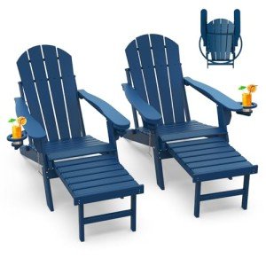 GREENVINES Adirondack-Chairs-with-Ottoman | Set of 2 | Folding | Retractable-Footrest | HDPE Plastic | All Weather Fire Pit Chair | Cup Holders | Blue | for Outdoor Poolside