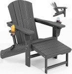 KINGYES Folding Adjustable Adirondack Chair with Retractable Ottoman, HDPE Weather Resistance Oversized Outdoor Chair with Cup Holder, Wood-Like Reclining Versatile Adirondack Chair, Grey