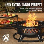 42 Inch Fire Pit with 2 Grills, Large Outdoor Firepits for Outside, Wood Burning Fireplace for Camping,Picnic,Bonfire, 3-in-1 Round Metal Table with Lid for Backyard,Patio,Party