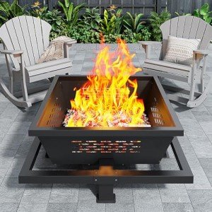 Auhilence 43" Large fire Pit, Square Outdoor Fire Pit with Pocker, Hight Quality Wood Burning Fire Pit for Camping, Backyard, Patio