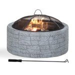 Sunjoy 26 in. Stone Fire Pit, Patio Outdoor Round Wood Burning Fire Pits for Outside with Spark Screen and Poker, Stone Gray