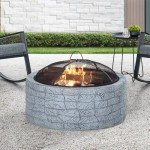 Sunjoy 26 in. Stone Fire Pit, Patio Outdoor Round Wood Burning Fire Pits for Outside with Spark Screen and Poker, Stone Gray