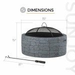 Sunjoy 26 in. Stone Fire Pit, Patio Outdoor Round Wood Burning Fire Pits for Outside with Spark Screen and Poker, Stone Gray