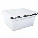 ENGEL 60 QT Ultra-Light Injection Molded Cooler - Ice Chest Keeps Ice up to 7 Days - Large Cooler Includes Wire Basket, Divider and Built-in Bottle Opener - White with Dark Grey Interior (White)