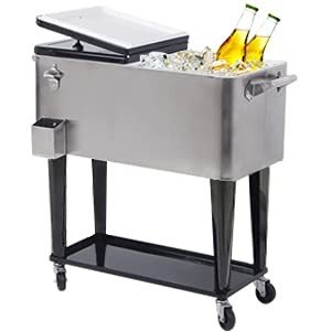 Nattork 80 Quart Rolling Cooler Cart for Outdoor Patio Deck Party, Portable Party Bar Cold Drink Beverage Cart,Ice Chest with Shelf, Water Pipe and Bottle Opener (Silver-1)