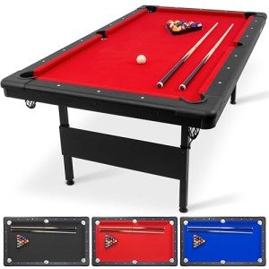 GoSports 7 ft Billiards Table - Portable Pool Table - Includes Full Set of Balls, 2 Cue Sticks, Chalk, and Felt Brush - Black, Red