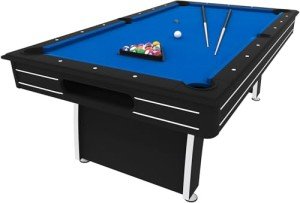 Fat Cat by GLD PRODUCTS Tucson 7’ Pool Table with Automatic Ball Return, Electric Blue Playing Surface & Included Billiard Accessories to Play Out of The Boxington 9 ft. Allendale Collection Shuffleboard Table