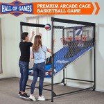 Hall of Games Premium Arcade Cage Basketball Game with Steel Frame and Polycarbonate Backboard, Dual Shot LED Scoring with 6 Size 8.5 Inch Basketballs