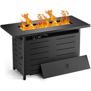 Hykolity 42 Inch Gas Fire Pit Table, 60,000 BTU Propane Pits for Outside with Steel Lid and Waterproof Cover, 2 in 1 Firepit Table Gatherings Parties on Patio Deck Garden Backyard, Black