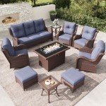 Outdoor Furniture Set with 44" Fire Pit Table, 10 Pieces Rattan Wicker Swivel Chair Coversation Set with Ottomans