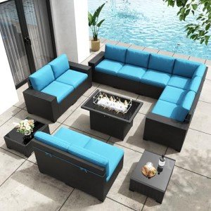 KHOLH Patio Furniture Set with Fire Pit Table, 13 Pieces Outdoor All-Weather Wicker Conversation Sectional Chair Sofa Set