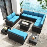 KHOLH Patio Furniture Set with Fire Pit Table, 13 Pieces Outdoor All-Weather Wicker Conversation Sectional Chair Sofa Set