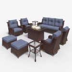Outdoor Furniture Set with 44" Fire Pit Table, 10 Pieces Rattan Wicker Swivel Chair Coversation Set with Ottomans