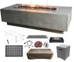 Elementi Granville Gas Fire Pit Bundle Concrete Fire Table, Outdoor Fire Pit Electronic Ignition | Canvas Cover, Lava Rock included | Free AMS Wind Guard & Table-top Firepit | Light Gray (Propane Gas)