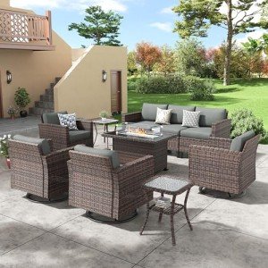 Amopatio Patio Furniture Set with Fire Pit Table, Outdoor Furniture Sectional Sofa with Swivel Chairs, Modern Conversation Sets for Balcony Backyard, Grey(Include Waterproof Covers)