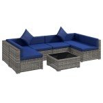 Outsunny 7-Piece Patio Furniture Set, Outdoor Wicker Conversation Set, All Weather PE Rattan Sectional Sofa Set with Cushions and Tempered Glass Top Coffee Table, Pillows, Blue