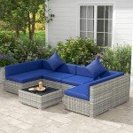 Outsunny 7-Piece Patio Furniture Set, Outdoor Wicker Conversation Set, All Weather PE Rattan Sectional Sofa Set with Cushions and Tempered Glass Top Coffee Table, Pillows, Blue