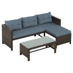 Shintenchi Outdoor Patio Furniture Sets, Wicker Patio sectional Sets 3-Piece, All Weather Wicker Rattan Patio Seating Sofas with Glass Coffee Table and Cushion (Blue)