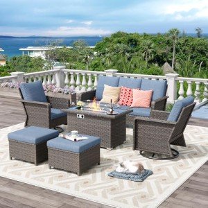 6 Peices Outdoor Patio Furniture Set with 44" Gas Fire Pit Table, PE Wicker Swivel Rocking Chairs Conversation Sets with 4.3" Cushion, High Back Sectional Sofa with Gilder Chair for Yard Garden Porch