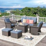 6 Peices Outdoor Patio Furniture Set with 44" Gas Fire Pit Table, PE Wicker Swivel Rocking Chairs Conversation Sets with 4.3" Cushion, High Back Sectional Sofa with Gilder Chair for Yard Garden Porch